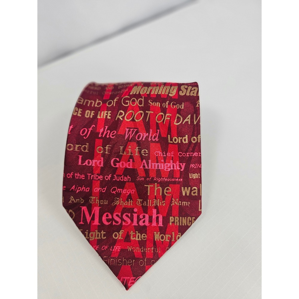 Handmade Religious Necktie Names of God Messiah Burgundy Red Gold